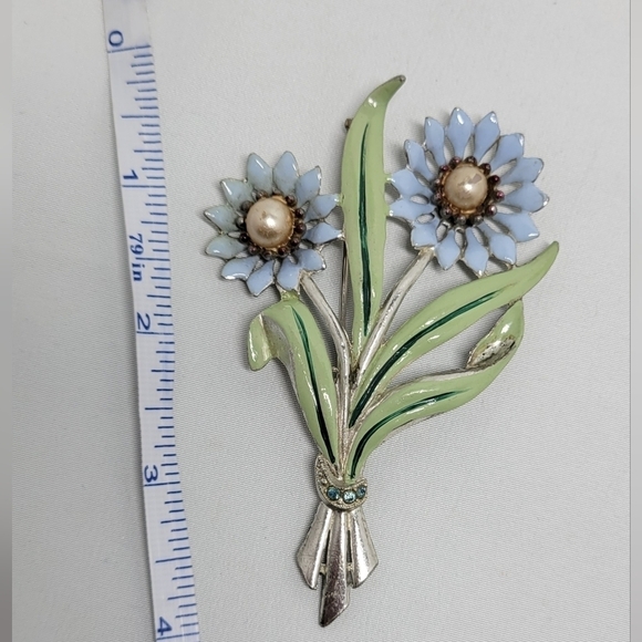 1930's/40's Enamel art Deco dual flower bouquet swing pin brooch unsigned - Picture 5 of 5